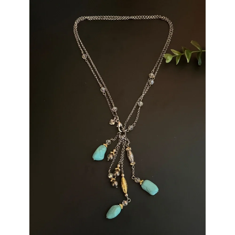 Brighton Turquoise Pearl Silver Gold Tone Tassel Necklace 17.5